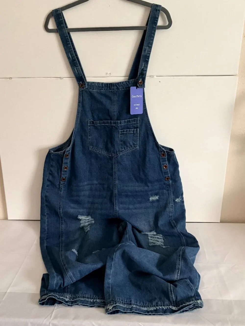 Chou Yatou Women Bib Overalls Baggy Wide Leg distressed Denim XL